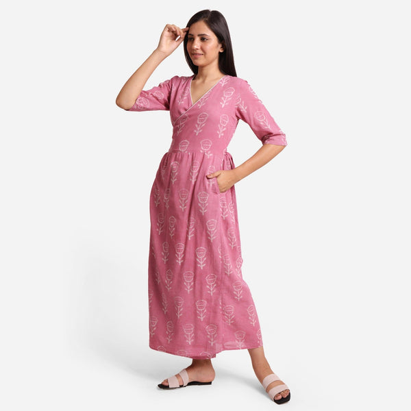 Dabu Block Print Fuchsia Cotton Maxi Wrap Dress