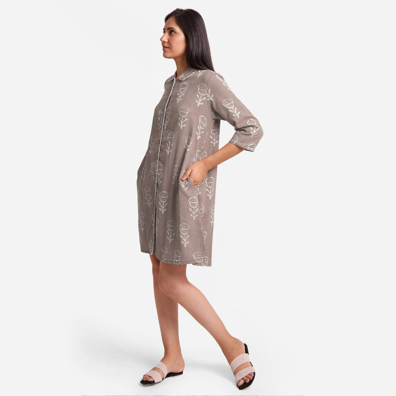 Left View of a Model wearing Dabu Hand Block Print Grey Button-Down Dress