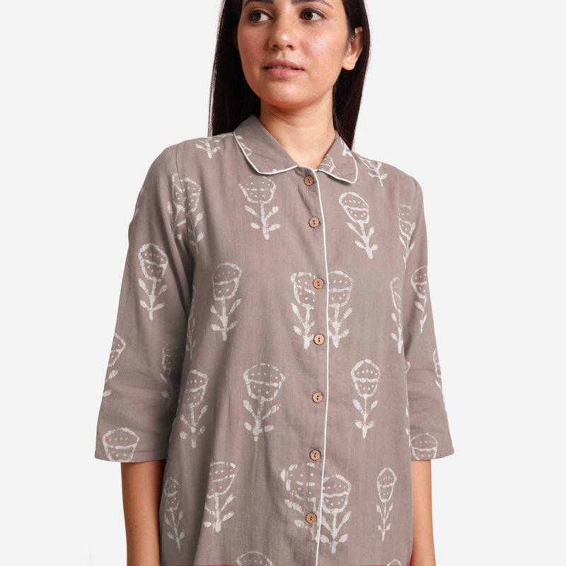 Front Detail of a Model wearing Dabu Hand Block Print Grey Button-Down Dress