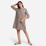 Front View of a Model wearing Dabu Hand Block Print Grey Button-Down Dress