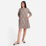 Front View of a Model wearing Dabu Hand Block Print Grey Button-Down Dress