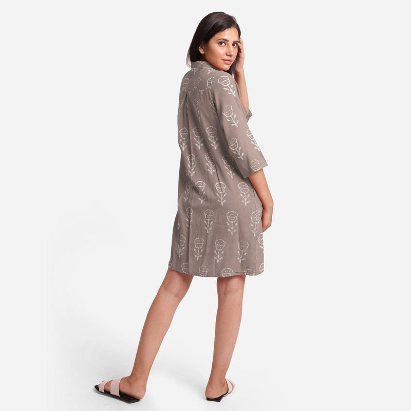 Back View of a Model wearing Dabu Hand Block Print Grey Button-Down Dress