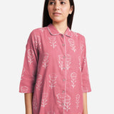 Front Detail of a Model wearing Dabu Block Print Pink Cotton Short Dress