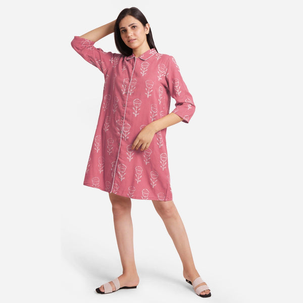 Front View of a Model wearing Dabu Block Print Pink Cotton Short Dress