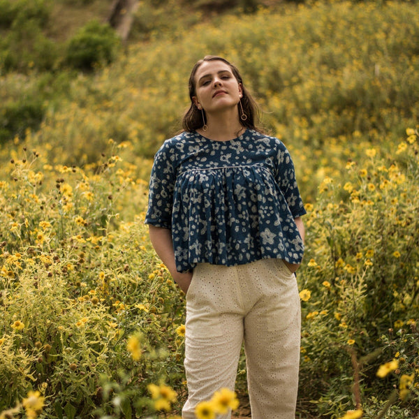 Front View of a Model wearing Natural Dyed Dabu Printed Gathered Top