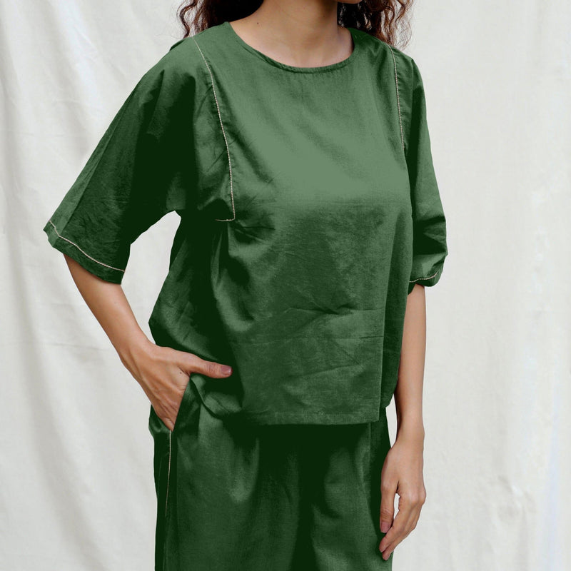 Dark Green Cotton Drop Shoulder Sleeves Gathered Top