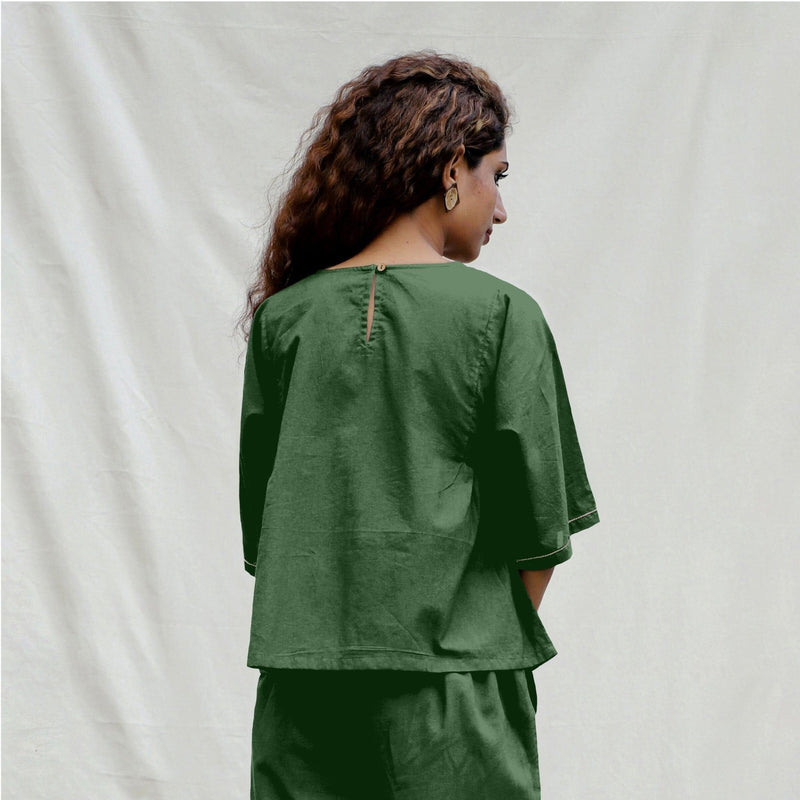 Dark Green Cotton Drop Shoulder Sleeves Gathered Top