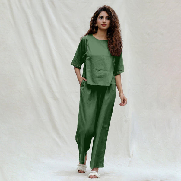 Dark Green Cotton Drop Shoulder Sleeves Gathered Top