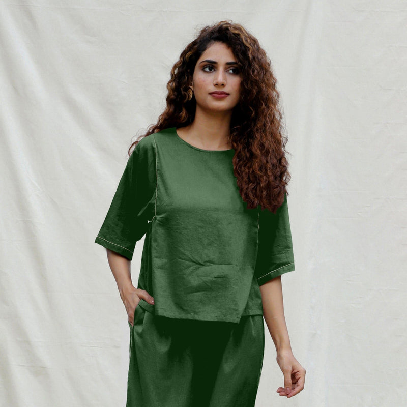 Dark Green Cotton Drop Shoulder Sleeves Gathered Top