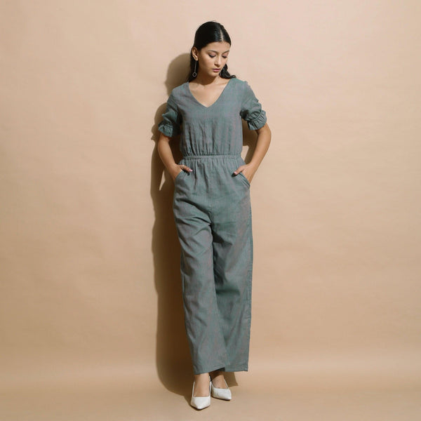 Dark Green Handspun Cotton Frilled Sleeve Elasticated Jumpsuit