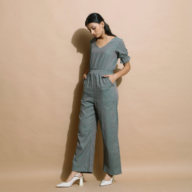 Dark Green Handspun Cotton Frilled Sleeve Elasticated Jumpsuit