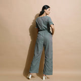 Dark Green Handspun Cotton Frilled Sleeve Elasticated Jumpsuit