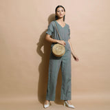 Dark Green Handspun Cotton Frilled Sleeve Elasticated Jumpsuit