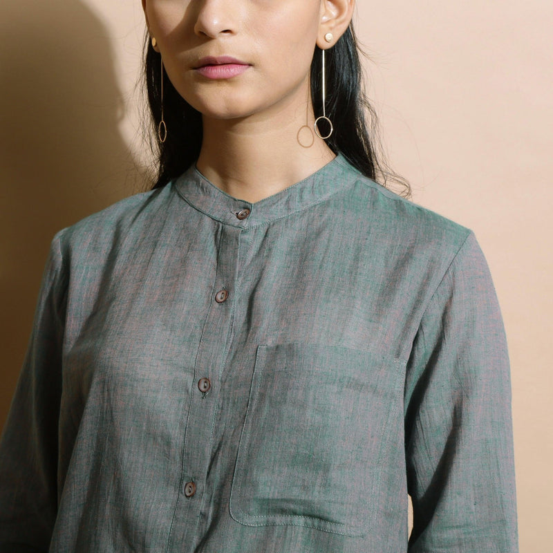 Dark Green Handspun Cotton Mandarin Collar Shirt