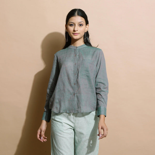 Dark Green Handspun Cotton Mandarin Collar Shirt