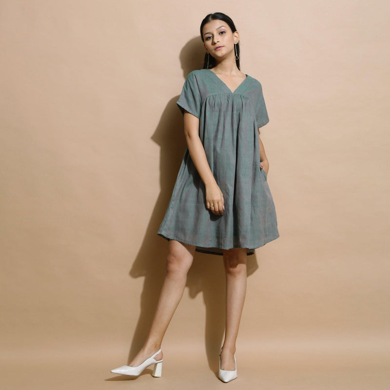 Dark Green Handspun Cotton V-Neck Yoked Short Dress