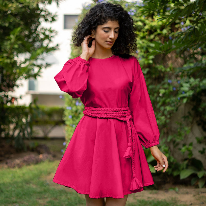 Dark Pink Cotton Poplin Fit and Flare Balloon Sleeves Short Dress