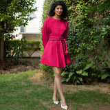 Dark Pink Cotton Poplin Fit and Flare Balloon Sleeves Short Dress