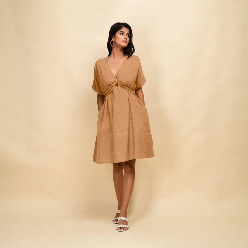 Desert Yellow 100% Linen V-Neck Knee Length Blouson Dress