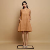 Desert Yellow Cotton Linen Hand Embroidered Knee-Length Godet Dress