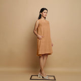 Desert Yellow Cotton Linen Hand Embroidered Knee-Length Godet Dress