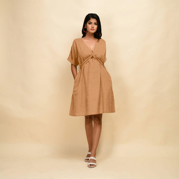 Desert Yellow Cotton Linen V-Neck Knee Length Blouson Dress