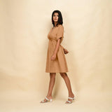 Desert Yellow Cotton Linen V-Neck Knee Length Blouson Dress