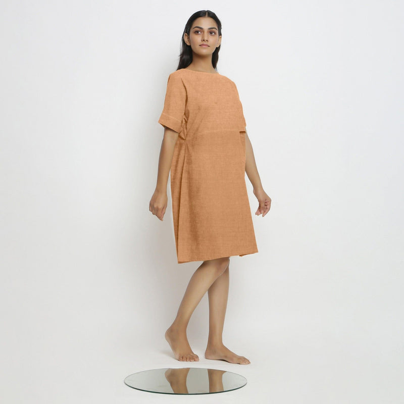 Desert Yellow Cotton Linen Yoked Knee Length Shift Dress