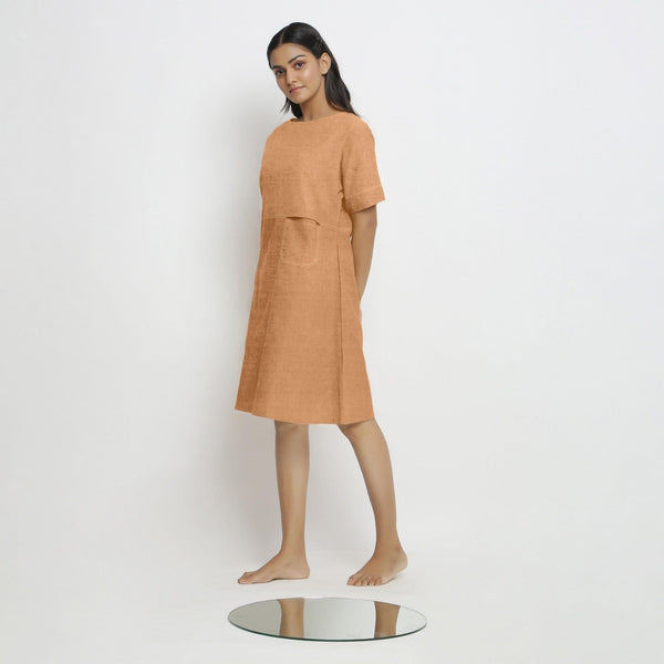 Desert Yellow Cotton Linen Yoked Knee Length Shift Dress