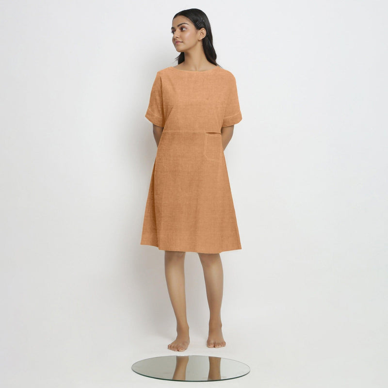 Desert Yellow Cotton Linen Yoked Knee Length Shift Dress