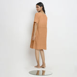 Desert Yellow Cotton Linen Yoked Knee Length Shift Dress