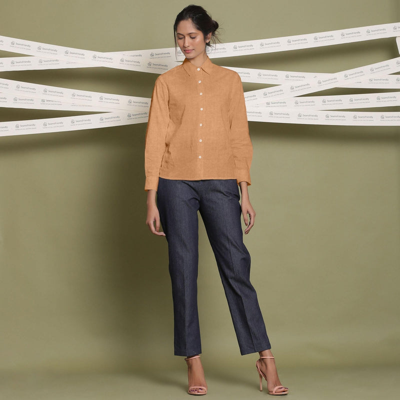 Front View of a Model wearing Desert Yellow Linen Cuff Sleeves Button-Down Shirt