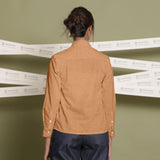 Back View of a Model wearing Desert Yellow Linen Cuff Sleeves Button-Down Shirt