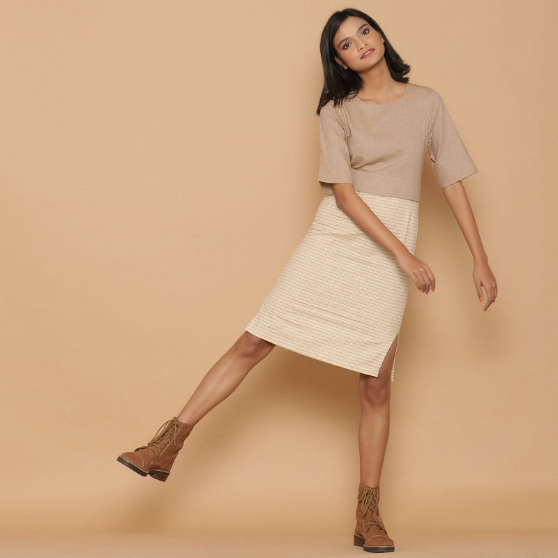 Front View of a Model wearing Dusk Beige Slim Fit Shift Dress