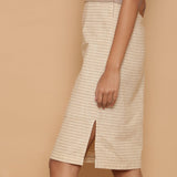 Left Detail of a Model wearing Dusk Beige Slim Fit Shift Dress