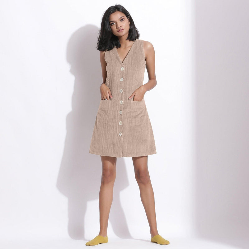 Front View of a Model wearing Cotton Corduroy Dusk Beige Button-Down Dress