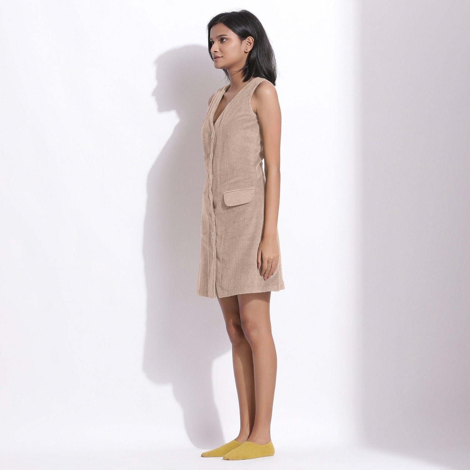 Dusk Beige Warm Cotton Corduroy Button-Down Short Dress 58