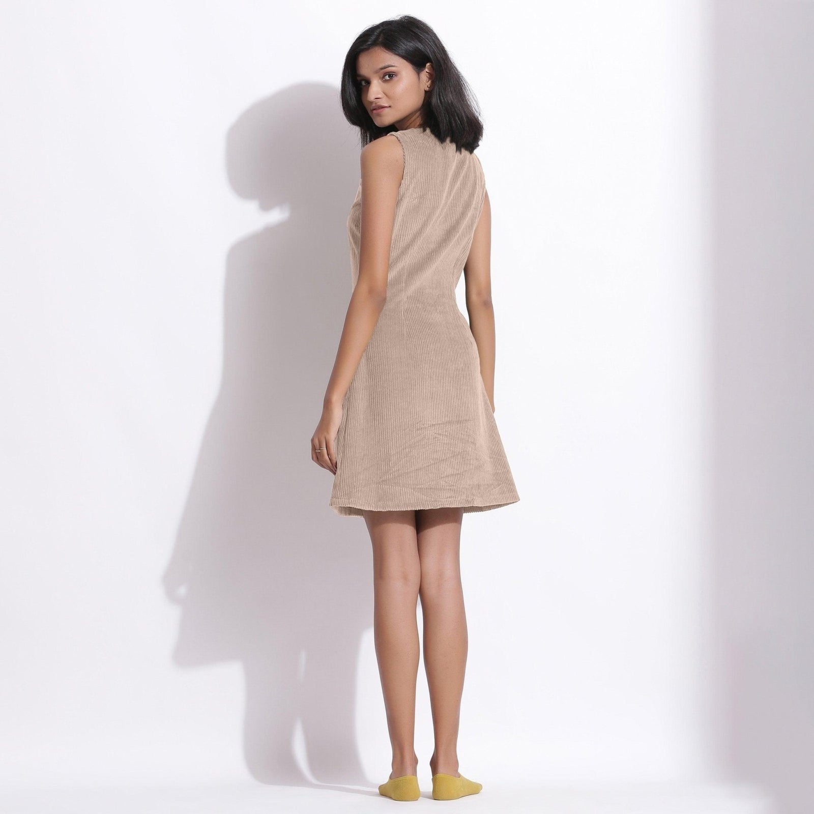 Dusk Beige Warm Cotton Corduroy Button-Down Short Dress Custom Size (Free) / Custom Height (Free)