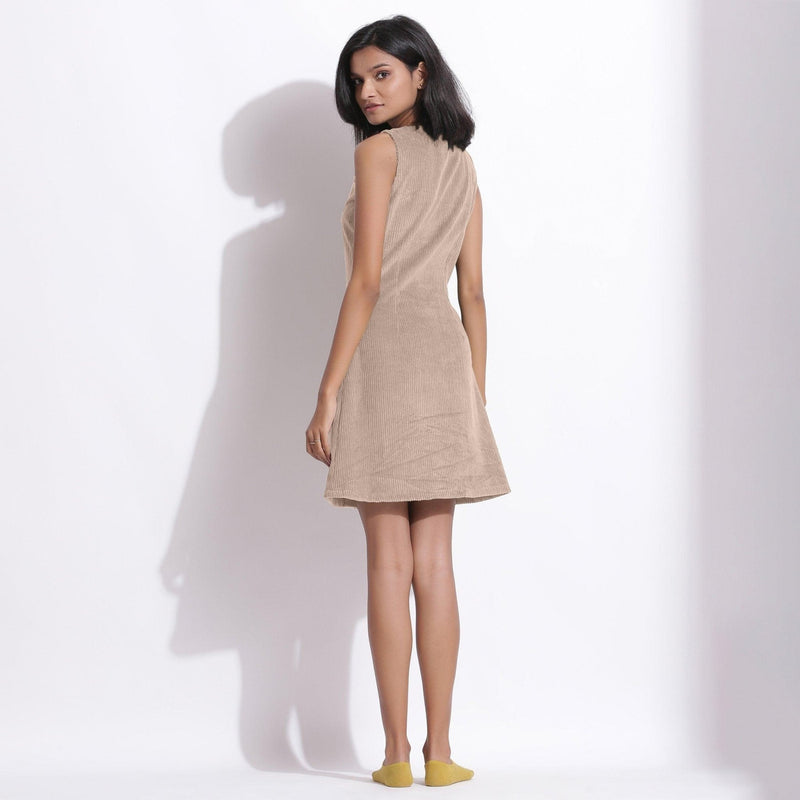 Back View of a Model wearing Cotton Corduroy Dusk Beige Button-Down Dress