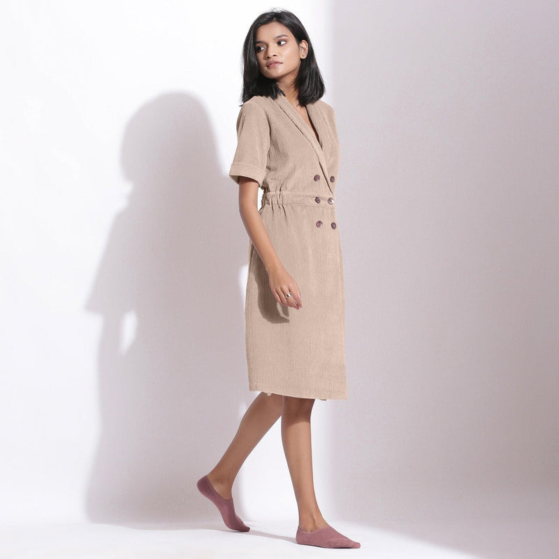 Right View of a Model wearing Cotton Corduroy Dusk Beige Coat Dress