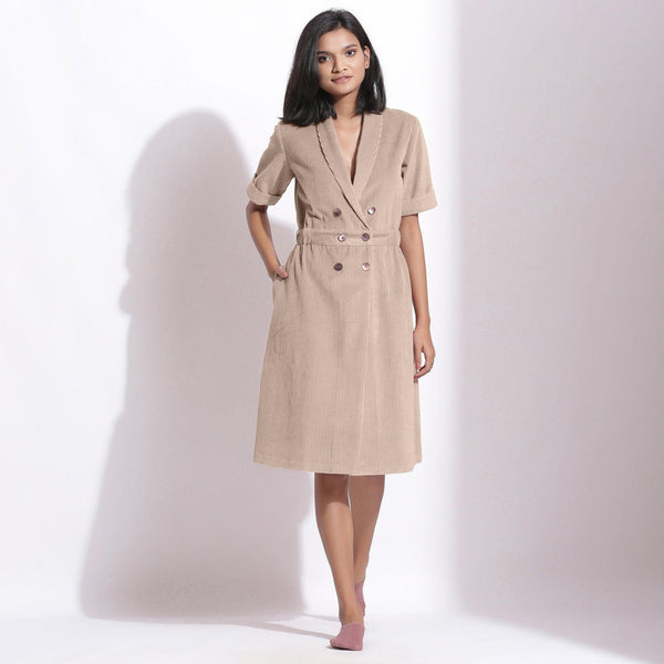 Front View of a Model wearing Cotton Corduroy Dusk Beige Coat Dress