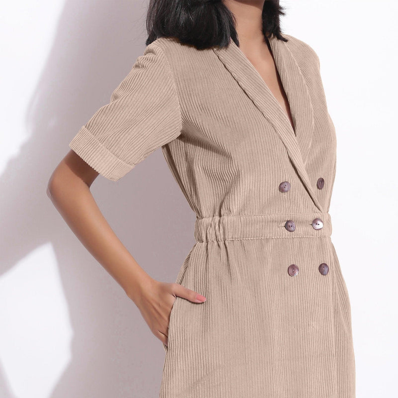 Front Detail of a Model wearing Cotton Corduroy Dusk Beige Coat Dress