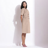 Right View of a Model wearing Cotton Corduroy Dusk Beige Coat Dress