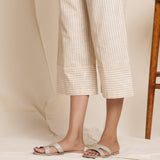 Close View of a Model wearing Dusk Beige Cotton Striped Elasticated Pant