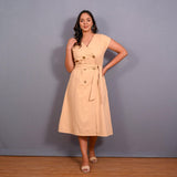 Front View of a Model wearing Dusk Beige Warm Cotton Flannel Button-Down A-Line Midi Dress