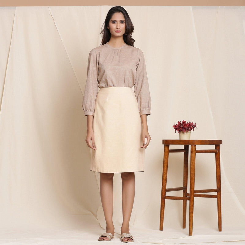 Front View of a Model wearing Warm Flannel Dusk Beige Pencil Skirt'