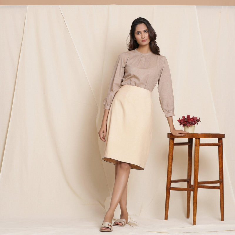 Front View of a Model wearing Warm Flannel Dusk Beige Pencil Skirt