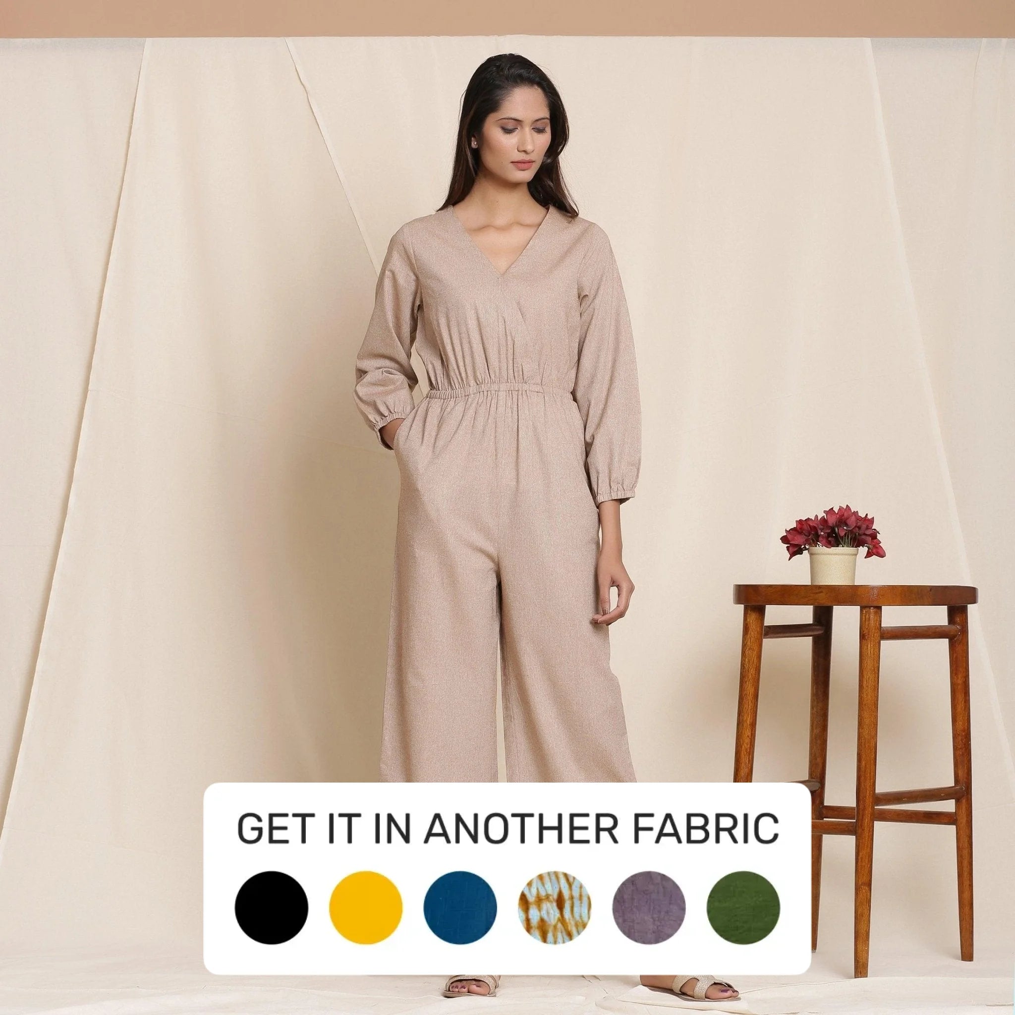 Dusk Brown Cotton Elasticated Surplice Neck Overalls Jumpsuit