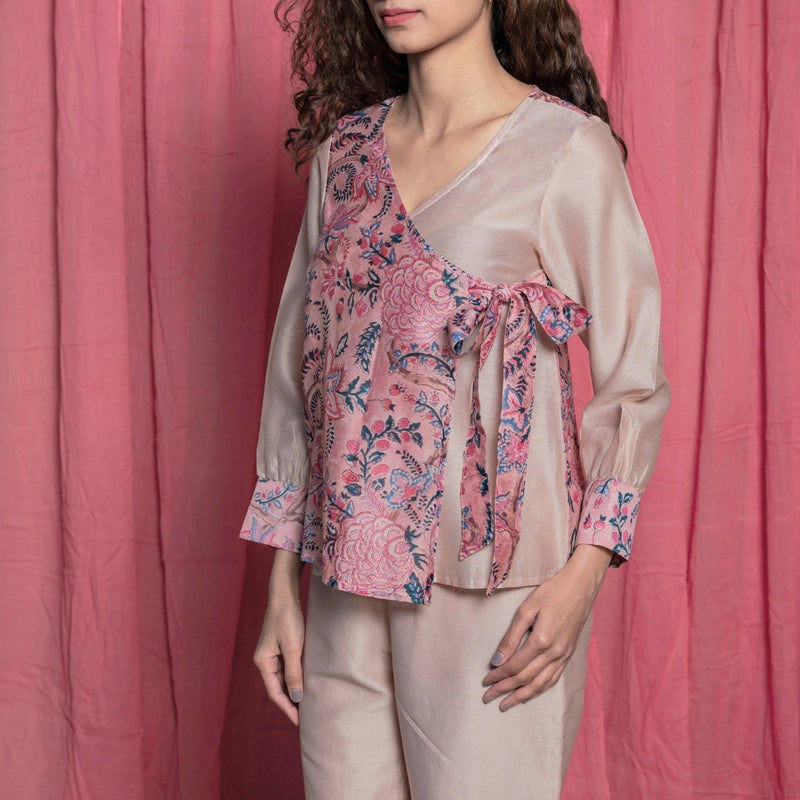 Front Detail of a Model wearing Dust Pink Chanderi Block Printed Wrap Cotton Top