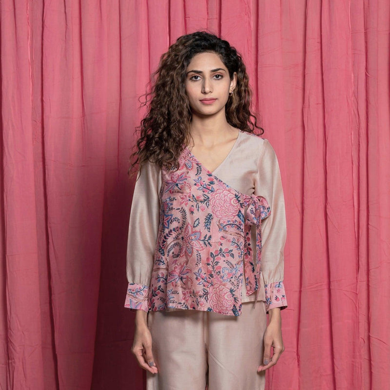 Front View of a Model wearing Dust Pink Chanderi Block Printed Wrap Cotton Top